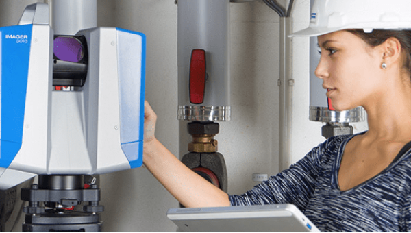 woman engineer using z+f to 3D scan factory